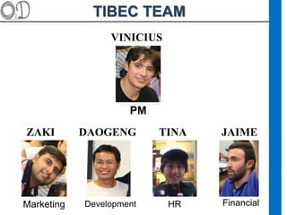 TIBEC TEAM
ZAKI DAOGENG TINA JAIME
VINICIUS
Development HR Financial
PM
Marketing
 