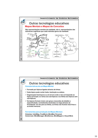 10
Desenvolvimento de Produtos MultimédiaDesenvolvimento de Produtos Multimédia
asas
São representações mentais da realidade, isto é, representações das
estruturas cognitivas que cada indivíduo gerou da realidade
Mapas Mentais e Mapas de Conceitos
Outras tecnologias educativas
bb--BoaspráticaBoasprática
estruturas cognitivas que cada indivíduo gerou da realidade.
PáginasWebPáginasWeb
19
Desenvolvimento de Produtos MultimédiaDesenvolvimento de Produtos Multimédia
asas
Características de um Mapa Mental:
Formado por tópicos ligados através de linhas;
Outras tecnologias educativas
bb--BoaspráticaBoasprática
Cada tópico pode conter texto, ilustração ou ambos;
Organização hierárquica ou em árvore onde a raiz corresponde ao
tópico principal; os ramos aos sub-tópicos e as folhas aos tópicos sem
sub-tópicos;
Os tópicos formam níveis com graus crescentes de detalhe e
especificidade, normalmente mostrados no mapa através da
formatação: da raiz para as folhas, as linhas vão ficando mais finas e
as fontes menores
PáginasWebPáginasWeb
as fontes menores.
Gratuitas: InteliMap, FreeMind e MindMan Personal;
Comerciais: MindManager, MindGenius, MindMapper e Visual Mind.
Ferramentas para produção de Mapas Mentais:
20
 