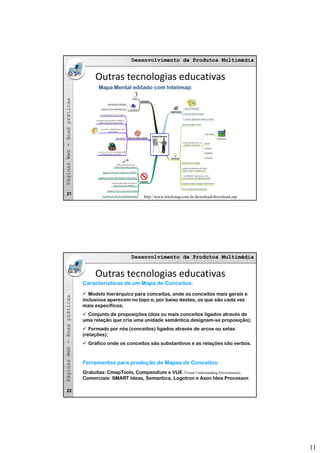 11
Desenvolvimento de Produtos MultimédiaDesenvolvimento de Produtos Multimédia
asas
Mapa Mental editado com Intelimap:
Outras tecnologias educativas
bb--BoaspráticaBoaspráticaPáginasWebPáginasWeb
http://www.intelimap.com.br/download/download.asp
21
Desenvolvimento de Produtos MultimédiaDesenvolvimento de Produtos Multimédia
asas
Características de um Mapa de Conceitos:
Modelo hierárquico para conceitos, onde os conceitos mais gerais e
inclusivos aparecem no topo e por baixo destes os que são cada vez
Outras tecnologias educativas
bb--BoaspráticaBoasprática
inclusivos aparecem no topo e, por baixo destes, os que são cada vez
mais específicos;
Conjunto de proposições (dois ou mais conceitos ligados através de
uma relação que cria uma unidade semântica designam-se proposição);
Formado por nós (conceitos) ligados através de arcos ou setas
(relações);
Gráfico onde os conceitos são substantivos e as relações são verbos.
PáginasWebPáginasWeb
Gratuitas: CmapTools, Compendium e VUE (Visual Understanding Environment);
Comerciais: SMART Ideas, Semantica, Logotron e Axon Idea Processor.
Ferramentas para produção de Mapas de Conceitos:
22
 