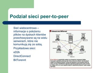 Podział sieci peer-to-peer Sieć wielocentrowa – informacje o położeniu plików na dyskach klientów przechowywane są na wielu serwerach, które nie komunikują się ze sobą. Przykładowe sieci: eD2k DirectConnect BitTorennt 