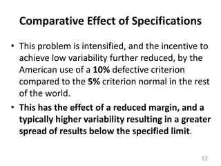 Comparative Effect of SpecificationsThis problem is intensified, and the incentive to achieve low variability further reduced, by the American use of a 10% defective criterion compared to the 5% criterion normal in the rest of the world. This has the effect of a reduced margin, and a typically higher variability resulting in a greater spread of results below the specified limit. 12