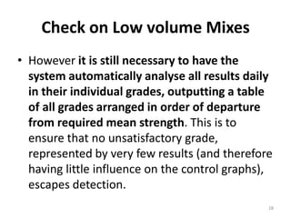 Check on Low volume MixesHowever it is still necessary to have the system automatically analyse all results daily in their individual grades, outputting a table of all grades arranged in order of departure from required mean strength. This is to ensure that no unsatisfactory grade, represented by very few results (and therefore having little influence on the control graphs), escapes detection.28