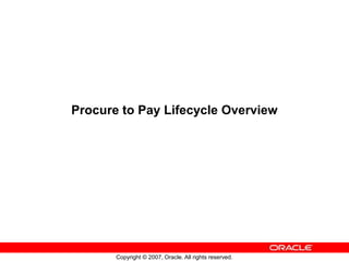 Copyright © 2007, Oracle. All rights reserved.
Procure to Pay Lifecycle Overview
 