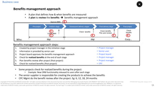 13
PT0078-P2P-Class-EN, Version V013Copyright	©	PTCoE	NV and	AXELOS	Limited	2017.	All	rights	reserved. Material	in	this	document	has	been	sourced	from	Managing	Successful	Projects	with	PRINCE2®	2017	Edition. No	part	of	this	document	may	
be	reproduced	in	any	form	without	the	written	permission	of	both	PTCoE	NV and	AXELOS	Limited.	Permission	can	be	requested	at	support@mplaza.pm	and	licensing@axelos.com.	PRINCE2®	is	a	registered	
trade	mark	of	AXELOS	Limited,	used	under	permission	of	AXELOS	Limited.	All	rights	reserved.	The	Swirl	logo™	is	a	trade	mark	of	AXELOS	Limited,	used	under	permission	of	AXELOS	Limited.	All	rights	reserved.
1. Created	by	project	manager	in	the	initiation	stage	
2. Information	is	provided	by	senior	user
3. Project	board	approves	the	benefits	management	approach
4. Check	for	realized	benefits at	the	end	of	each	stage
5. Plan	benefits	review	after	project	(Post-project)
6. Check	for	realized	benefits	(Post-project)	
• Some	projects	check	for	realized	benefits	during	the	project:		
• Example:	New	CRM	functionality	released	to	users	after	each	stage	
• The	senior	supplier	is	responsible	for	creating	the	products	to	achieve	the	benefits	
• CPC	Mgmt	do	the	benefit	review	after	the	project.	Eg:	6,	12,	18,	24	months		
• Project	manager
• Senior	user
• Project	board
• Project	manager
• Project	manager
• CPC
• A	plan	that	defines	how	&	when	benefits	are	measured
• A	plan to	review the	benefits è benefits	management	approach	
Benefits	management	approach	steps:	
Pre-project Initiation stage Subsequent delivery stages Final delivery stage Post-project
Create BMA
Check benefits
Approve BMA
Check
benefits
Who:	 PM PM Corp…
Check benefits
Plan post reviews
3
1
2
4 5 6
Business	case
Benefits	management	approach
 