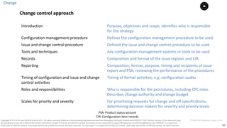 50
PT0078-P2P-Class-EN, Version V013Copyright	©	PTCoE	NV and	AXELOS	Limited	2017.	All	rights	reserved. Material	in	this	document	has	been	sourced	from	Managing	Successful	Projects	with	PRINCE2®	2017	Edition. No	part	of	this	document	may	
be	reproduced	in	any	form	without	the	written	permission	of	both	PTCoE	NV and	AXELOS	Limited.	Permission	can	be	requested	at	support@mplaza.pm	and	licensing@axelos.com.	PRINCE2®	is	a	registered	
trade	mark	of	AXELOS	Limited,	used	under	permission	of	AXELOS	Limited.	All	rights	reserved.	The	Swirl	logo™	is	a	trade	mark	of	AXELOS	Limited,	used	under	permission	of	AXELOS	Limited.	All	rights	reserved.
PSA:	Product	status	account
CIR:	Configuration	item	records
Change
Change	control	approach
Introduction Purpose, objectives	and	scope,	identifies	who	is	responsible	
for	the	strategy
Configuration	management	procedure Defines	the	configuration	management procedure	to	be	used
Issue	and	change	control	procedure Defined	the	issue	and	change	control	procedure	to	be	used
Tools and	techniques Any	configuration	management systems	or	tools	to	be	used
Records Composition	and	format	of	the	issue	register	and	CIR
Reporting Composition,	format,	purpose,	timing	and	recipients	of	issue
report	and	PSA;	reviewing	the	performance	of	the	procedures
Timing	of	configuration	and	issue and	change	
control	activities
Timing of	formal	activities,	e.g.	configuration	audits
Roles	and	responsibilities Who	is	responsible	for	the	procedures, including	CPC	roles.	
Describes	change	authority	and	change	budget
Scales for	priority	and	severity For	prioritizing requests	for	change	and	off-specifications;	
determining	decision	makers	for	severity	and	priority	levels
 