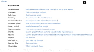 51
PT0078-P2P-Class-EN, Version V013Copyright	©	PTCoE	NV and	AXELOS	Limited	2017.	All	rights	reserved. Material	in	this	document	has	been	sourced	from	Managing	Successful	Projects	with	PRINCE2®	2017	Edition. No	part	of	this	document	may	
be	reproduced	in	any	form	without	the	written	permission	of	both	PTCoE	NV and	AXELOS	Limited.	Permission	can	be	requested	at	support@mplaza.pm	and	licensing@axelos.com.	PRINCE2®	is	a	registered	
trade	mark	of	AXELOS	Limited,	used	under	permission	of	AXELOS	Limited.	All	rights	reserved.	The	Swirl	logo™	is	a	trade	mark	of	AXELOS	Limited,	used	under	permission	of	AXELOS	Limited.	All	rights	reserved.
Change
Issue	report
Issue	identifier Unique	reference	for	every	issue,	same	as	the	one	in	Issue	register
Issue	type Type	of	issue	being	recorded
Date	raised Date issue	was	raised
Raised	by Person or	team	who	raised	the	issue
Issue	report	author Person or	team	who	created	the	issue	report
Issue	description Issue	description in	terms	of	its	cause	and	impact
Impact	analysis Detailed	analysis of	the	impact
Recommendation PM’s	recommendation	to	solve the	issue
Priority Given	in	project’s	chosen	scale,	re-evaluated	after	impact analysis
Severity Given	in	project’s	chosen	scale,	indicates	the	management level who	will	decide	on	the	issue
Decision The decision
Approved by Who	made the	decision
Decision	date Date of	decision
Closure date When	the	issue	is	closed
 