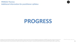 52
PT0078-P2P-Class-EN, Version V013Copyright	©	PTCoE	NV and	AXELOS	Limited	2017.	All	rights	reserved. Material	in	this	document	has	been	sourced	from	Managing	Successful	Projects	with	PRINCE2®	2017	Edition. No	part	of	this	document	may	
be	reproduced	in	any	form	without	the	written	permission	of	both	PTCoE	NV and	AXELOS	Limited.	Permission	can	be	requested	at	support@mplaza.pm	and	licensing@axelos.com.	PRINCE2®	is	a	registered	
trade	mark	of	AXELOS	Limited,	used	under	permission	of	AXELOS	Limited.	All	rights	reserved.	The	Swirl	logo™	is	a	trade	mark	of	AXELOS	Limited,	used	under	permission	of	AXELOS	Limited.	All	rights	reserved.
PROGRESS
PRINCE2	Themes	
Additional	information	for	practitioner	syllabus
 