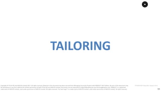 59
PT0078-P2P-Class-EN, Version V013Copyright	©	PTCoE	NV and	AXELOS	Limited	2017.	All	rights	reserved. Material	in	this	document	has	been	sourced	from	Managing	Successful	Projects	with	PRINCE2®	2017	Edition. No	part	of	this	document	may	
be	reproduced	in	any	form	without	the	written	permission	of	both	PTCoE	NV and	AXELOS	Limited.	Permission	can	be	requested	at	support@mplaza.pm	and	licensing@axelos.com.	PRINCE2®	is	a	registered	
trade	mark	of	AXELOS	Limited,	used	under	permission	of	AXELOS	Limited.	All	rights	reserved.	The	Swirl	logo™	is	a	trade	mark	of	AXELOS	Limited,	used	under	permission	of	AXELOS	Limited.	All	rights	reserved.
TAILORING
 