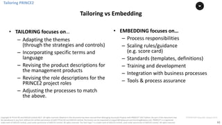 61
PT0078-P2P-Class-EN, Version V013Copyright	©	PTCoE	NV and	AXELOS	Limited	2017.	All	rights	reserved. Material	in	this	document	has	been	sourced	from	Managing	Successful	Projects	with	PRINCE2®	2017	Edition. No	part	of	this	document	may	
be	reproduced	in	any	form	without	the	written	permission	of	both	PTCoE	NV and	AXELOS	Limited.	Permission	can	be	requested	at	support@mplaza.pm	and	licensing@axelos.com.	PRINCE2®	is	a	registered	
trade	mark	of	AXELOS	Limited,	used	under	permission	of	AXELOS	Limited.	All	rights	reserved.	The	Swirl	logo™	is	a	trade	mark	of	AXELOS	Limited,	used	under	permission	of	AXELOS	Limited.	All	rights	reserved.
• TAILORING	focuses	on…	
– Adapting	the	themes	
(through	the	strategies	and	controls)	
– Incorporating	specific	terms	and	
language
– Revising	the	product	descriptions	for	
the	management	products	
– Revising	the	role	descriptions	for	the	
PRINCE2	project	roles	
– Adjusting	the	processes	to	match	
the	above.	
Tailoring	PRINCE2
Tailoring	vs	Embedding
• EMBEDDING	focuses	on…
– Process	responsibilities	
– Scaling	rules/guidance	
(e.g.	score	card)	
– Standards	(templates,	definitions)	
– Training	and	development	
– Integration	with	business	processes	
– Tools	&	process	assurance	
 