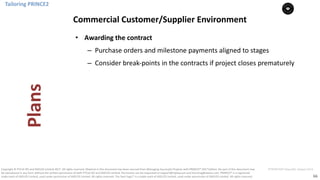 66
PT0078-P2P-Class-EN, Version V013Copyright	©	PTCoE	NV and	AXELOS	Limited	2017.	All	rights	reserved. Material	in	this	document	has	been	sourced	from	Managing	Successful	Projects	with	PRINCE2®	2017	Edition. No	part	of	this	document	may	
be	reproduced	in	any	form	without	the	written	permission	of	both	PTCoE	NV and	AXELOS	Limited.	Permission	can	be	requested	at	support@mplaza.pm	and	licensing@axelos.com.	PRINCE2®	is	a	registered	
trade	mark	of	AXELOS	Limited,	used	under	permission	of	AXELOS	Limited.	All	rights	reserved.	The	Swirl	logo™	is	a	trade	mark	of	AXELOS	Limited,	used	under	permission	of	AXELOS	Limited.	All	rights	reserved.
• Awarding	the	contract
– Purchase	orders	and	milestone	payments	aligned	to	stages
– Consider	break-points	in	the	contracts	if	project	closes	prematurely
Tailoring	PRINCE2
Commercial	Customer/Supplier	Environment
Plans
 