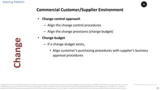 68
PT0078-P2P-Class-EN, Version V013Copyright	©	PTCoE	NV and	AXELOS	Limited	2017.	All	rights	reserved. Material	in	this	document	has	been	sourced	from	Managing	Successful	Projects	with	PRINCE2®	2017	Edition. No	part	of	this	document	may	
be	reproduced	in	any	form	without	the	written	permission	of	both	PTCoE	NV and	AXELOS	Limited.	Permission	can	be	requested	at	support@mplaza.pm	and	licensing@axelos.com.	PRINCE2®	is	a	registered	
trade	mark	of	AXELOS	Limited,	used	under	permission	of	AXELOS	Limited.	All	rights	reserved.	The	Swirl	logo™	is	a	trade	mark	of	AXELOS	Limited,	used	under	permission	of	AXELOS	Limited.	All	rights	reserved.
• Change	control	approach
– Align	the	change	control	procedures
– Align	the	change	provisions	(change	budget)
• Change	budget
– If	a	change	dudget	exists,
• Align	customer’s	purchasing	procedures	with	supplier’s	business	
approval	procedures
Tailoring	PRINCE2
Commercial	Customer/Supplier	Environment
Change
 