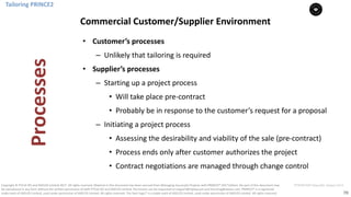 70
PT0078-P2P-Class-EN, Version V013Copyright	©	PTCoE	NV and	AXELOS	Limited	2017.	All	rights	reserved. Material	in	this	document	has	been	sourced	from	Managing	Successful	Projects	with	PRINCE2®	2017	Edition. No	part	of	this	document	may	
be	reproduced	in	any	form	without	the	written	permission	of	both	PTCoE	NV and	AXELOS	Limited.	Permission	can	be	requested	at	support@mplaza.pm	and	licensing@axelos.com.	PRINCE2®	is	a	registered	
trade	mark	of	AXELOS	Limited,	used	under	permission	of	AXELOS	Limited.	All	rights	reserved.	The	Swirl	logo™	is	a	trade	mark	of	AXELOS	Limited,	used	under	permission	of	AXELOS	Limited.	All	rights	reserved.
• Customer’s	processes
– Unlikely	that	tailoring	is	required
• Supplier’s	processes
– Starting	up	a	project	process
• Will	take	place	pre-contract
• Probably	be	in	response	to	the	customer’s	request	for	a	proposal
– Initiating	a	project	process
• Assessing	the	desirability	and	viability	of	the	sale	(pre-contract)
• Process	ends	only	after	customer	authorizes	the	project
• Contract	negotiations	are	managed	through	change	control
Tailoring	PRINCE2
Commercial	Customer/Supplier	Environment
Processes
 