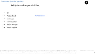 85
PT0078-P2P-Class-EN, Version V013Copyright	©	PTCoE	NV and	AXELOS	Limited	2017.	All	rights	reserved. Material	in	this	document	has	been	sourced	from	Managing	Successful	Projects	with	PRINCE2®	2017	Edition. No	part	of	this	document	may	
be	reproduced	in	any	form	without	the	written	permission	of	both	PTCoE	NV and	AXELOS	Limited.	Permission	can	be	requested	at	support@mplaza.pm	and	licensing@axelos.com.	PRINCE2®	is	a	registered	
trade	mark	of	AXELOS	Limited,	used	under	permission	of	AXELOS	Limited.	All	rights	reserved.	The	Swirl	logo™	is	a	trade	mark	of	AXELOS	Limited,	used	under	permission	of	AXELOS	Limited.	All	rights	reserved.
• CPC
• Project	Board
• Senior	user
• Senior	supplier
• Project	manager
• Project	support
DP	Roles	and	responsibilities
Make	decisions
Processes:	Directing	a	project
 