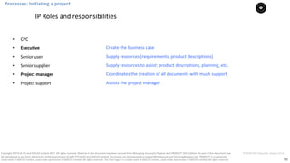 90
PT0078-P2P-Class-EN, Version V013Copyright	©	PTCoE	NV and	AXELOS	Limited	2017.	All	rights	reserved. Material	in	this	document	has	been	sourced	from	Managing	Successful	Projects	with	PRINCE2®	2017	Edition. No	part	of	this	document	may	
be	reproduced	in	any	form	without	the	written	permission	of	both	PTCoE	NV and	AXELOS	Limited.	Permission	can	be	requested	at	support@mplaza.pm	and	licensing@axelos.com.	PRINCE2®	is	a	registered	
trade	mark	of	AXELOS	Limited,	used	under	permission	of	AXELOS	Limited.	All	rights	reserved.	The	Swirl	logo™	is	a	trade	mark	of	AXELOS	Limited,	used	under	permission	of	AXELOS	Limited.	All	rights	reserved.
• CPC
• Executive
• Senior	user
• Senior	supplier
• Project	manager
• Project	support
IP	Roles	and	responsibilities
Create	the	business	case	
Supply	resources (requirements,	product	descriptions)	
Supply	resources	to	assist:	product	descriptions,	planning,	etc..	
Coordinates the	creation	of	all	documents	with	much	support	
Assists	the	project	manager
Processes:	Initiating	a	project
 