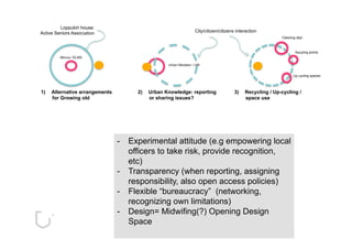 Loppukiri house:
Active Seniors Association                                        City/citizen/citizens interaction
                                                                                                           Cleaning day!



                                                                                                                   Recyling points
         Miinna / ELMS

                                                  Urban Mediator / UM


                                                                                                                  Up-cycling spaces




1)   Alternative arrangements         2)   Urban Knowledge: reporting                  3)   Recycling / Up-cycling /
     for Growing old                       or sharing issues?                               space use




                                -   Experimental attitude (e.g empowering local
                                    officers to take risk, provide recognition,
                                    etc)
                                -   Transparency (when reporting, assigning
                                    responsibility, also open access policies)
                                -   Flexible “bureaucracy” (networking,
                                    recognizing own limitations)
                                -   Design= Midwifing(?) Opening Design
                                    Space
 