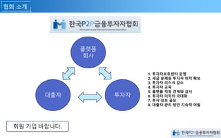 협회 소개
플렛폼
회사
대출자 투자자
1. 투자자보호센터 운영
2. 세금 문제등 투자자 위치 확보
3. 투자자 리스크 감소
4. 투자자 교육
5. 플렛폼 적정 견제와 감시
6. 투자자 이익의 극대화
7. 투자 정보 공유
8. 대출자 관리 방안 지속적 어필
회원 가입 바랍니다.
 