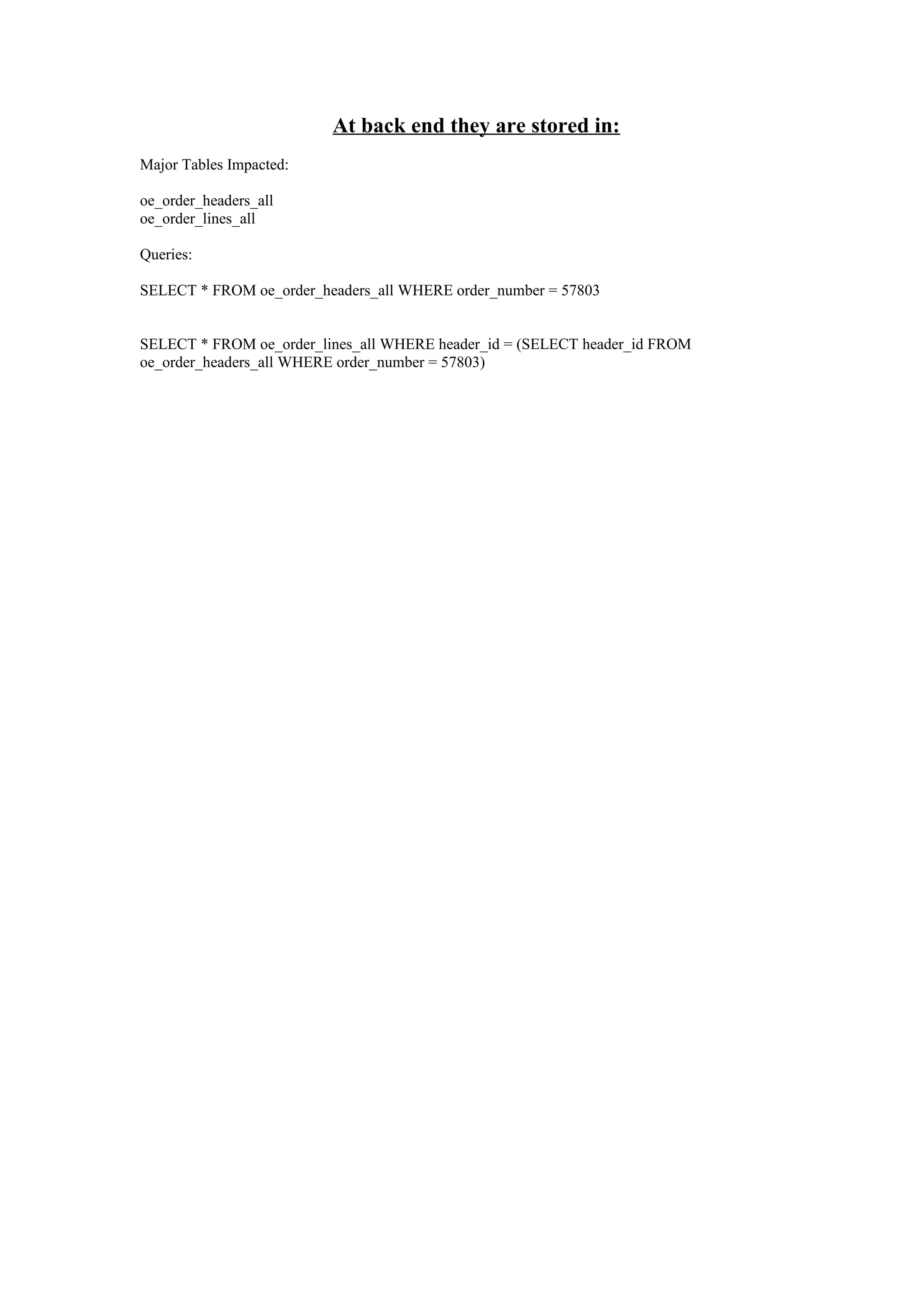 At back end they are stored in:
Major Tables Impacted:

oe_order_headers_all
oe_order_lines_all

Queries:

SELECT * FROM oe_order_headers_all WHERE order_number = 57803


SELECT * FROM oe_order_lines_all WHERE header_id = (SELECT header_id FROM
oe_order_headers_all WHERE order_number = 57803)
 