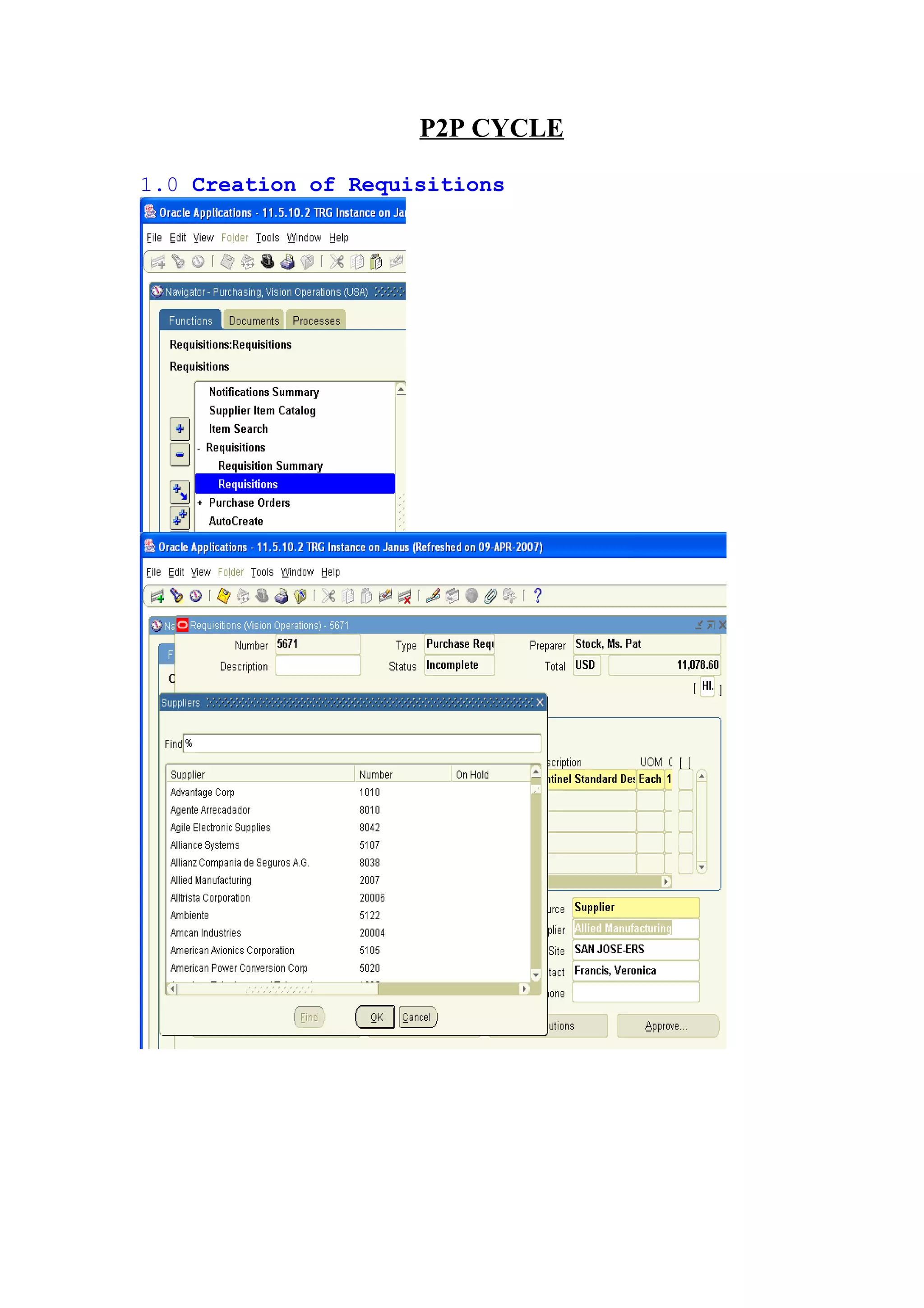 P2P CYCLE

1.0 Creation of Requisitions
 