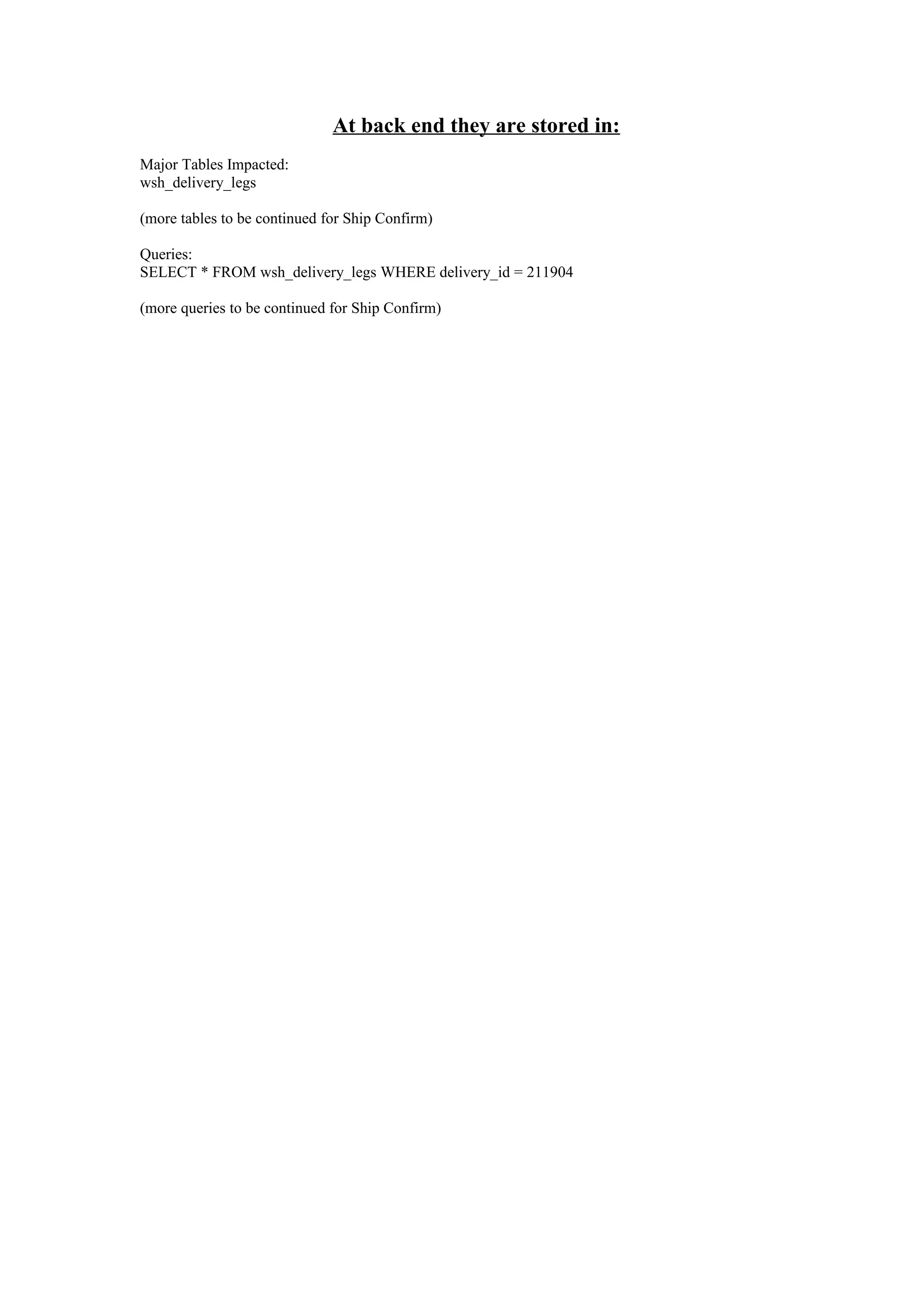 At back end they are stored in:
Major Tables Impacted:
wsh_delivery_legs

(more tables to be continued for Ship Confirm)

Queries:
SELECT * FROM wsh_delivery_legs WHERE delivery_id = 211904

(more queries to be continued for Ship Confirm)
 
