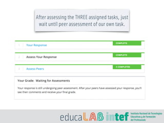 After assessing the THREE assigned tasks, just
wait until peer assessment of our own task.
 