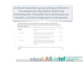 For the self-assessment, you can write your reflections in
the comments box; they might be useful for the
forthcoming units. If you prefer not to comment your own
document, just leave an empty space or write any word.
 