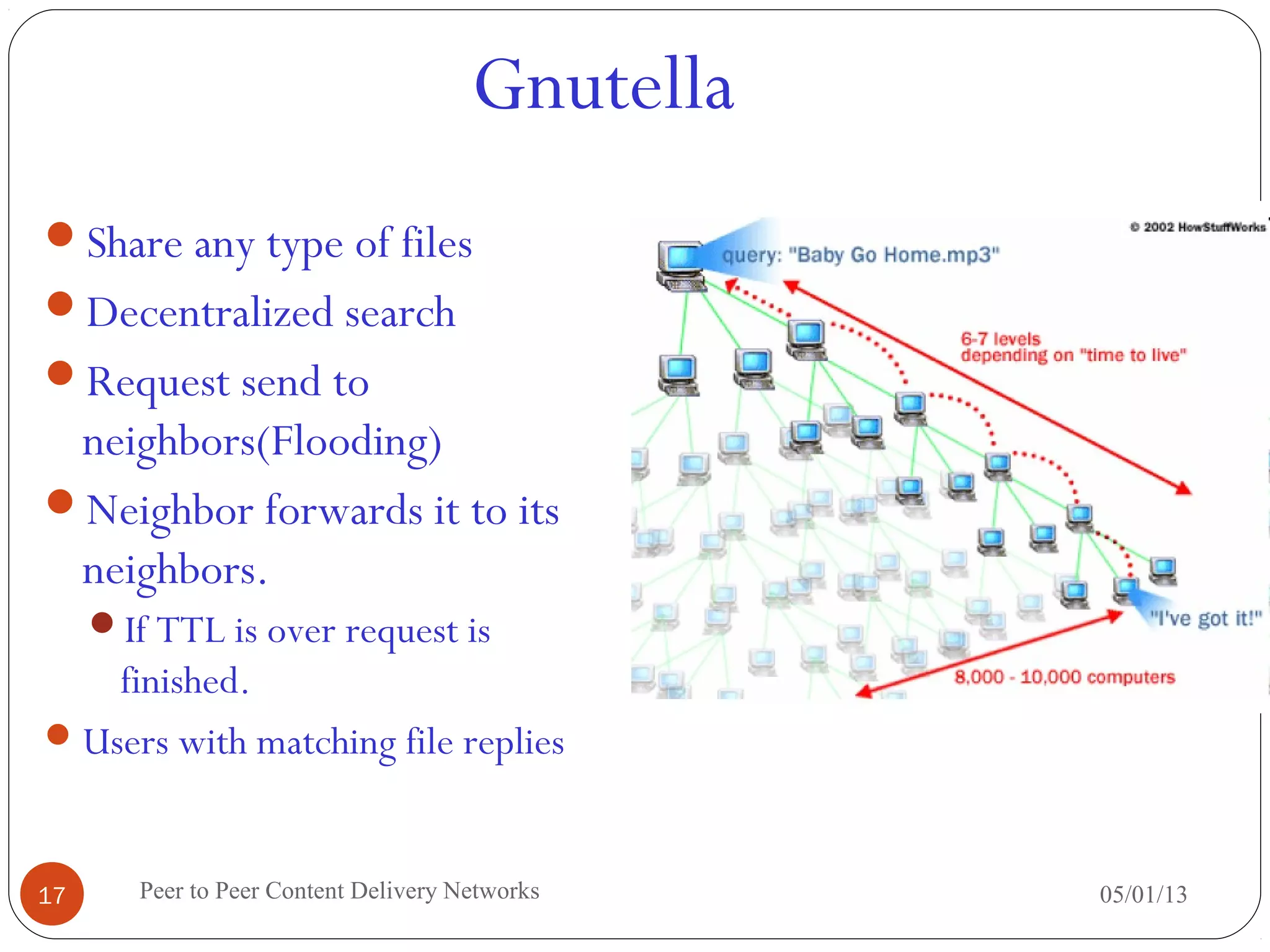 Gnutella
05/01/13Peer to Peer Content Delivery Networks17
Share any type of files
Decentralized search
Request send to
neighbors(Flooding)
Neighbor forwards it to its
neighbors.
If TTL is over request is
finished.
Users with matching file replies
 