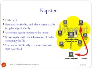 Napster
05/01/13Peer to Peer Content Delivery Networks15
Only mp3
Peer updates file list and the Napster database
is updated periodically.
User sends search request to the server
Server replies with the information of nodes
containing the file
User connects directly to remote peer and
start download
 