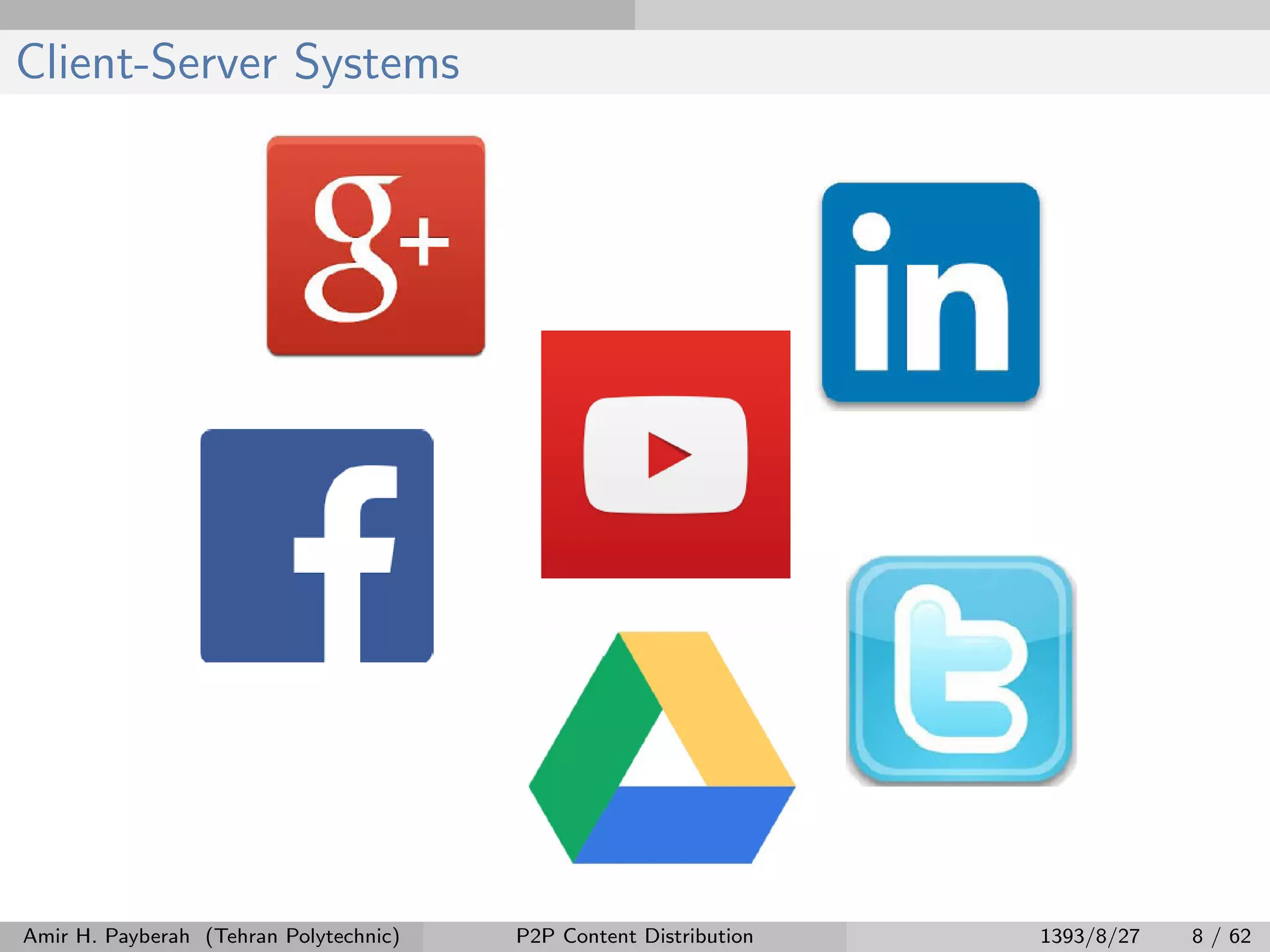Client-Server Systems
Amir H. Payberah (Tehran Polytechnic) P2P Content Distribution 1393/8/27 8 / 62
 