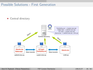 Possible Solutions - First Generation
Central directory
Amir H. Payberah (Tehran Polytechnic) P2P Content Distribution 1393/8/27 20 / 62
 