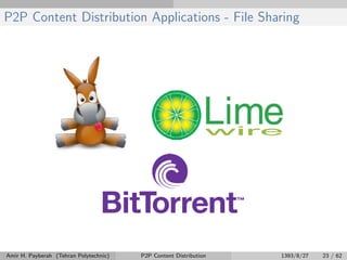 P2P Content Distribution Applications - File Sharing
Amir H. Payberah (Tehran Polytechnic) P2P Content Distribution 1393/8/27 23 / 62
 