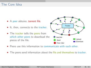 The Core Idea
A peer obtains .torrent ﬁle.
It, then, connects to the tracker.
The tracker tells the peers from
which other peers to download the
pieces of the ﬁle.
Peers use this information to communicate with each other.
The peers send information about the ﬁle and themselves to tracker.
Amir H. Payberah (Tehran Polytechnic) P2P Content Distribution 1393/8/27 30 / 62
 