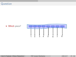 Question
Which piece?
Amir H. Payberah (Tehran Polytechnic) P2P Content Distribution 1393/8/27 47 / 62
 
