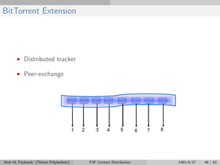 BitTorrent Extension
Distributed tracker
Peer-exchange
Amir H. Payberah (Tehran Polytechnic) P2P Content Distribution 1393/8/27 49 / 62
 