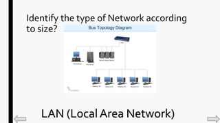 Identify the type of Network according
to size?
LAN (Local Area Network)
 
