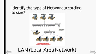Identify the type of Network according
to size?
LAN (Local Area Network)
 
