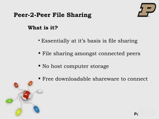 Essentially at it’s basis is file sharing File sharing amongst connected peers No host computer storage Free downloadable shareware to connect Peer-2-Peer File Sharing What is it? 