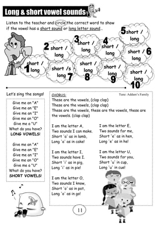 Long & short vowel sounds
short /
long
short /
long short /s
long
short /
long
short /
long
short /
long short /
long
short /
long short /
long
short /
long
Listen to the teacher and circle the correct word to show
if the vowel has a short sound or long letter sound…
Give me an "A"
Give me an "E"
Give me an "I"
Give me an "O"
Give me a "U"
What do you have?
LONG VOWELS!
Give me an "A"
Give me an "E"
Give me an "I"
Give me an "O"
Give me a "U"
What do you have?
SHORT VOWELS!
Let’s sing the songs! CHORUS:
These are the vowels, (clap clap)
These are the vowels, (clap clap)
These are the vowels, these are the vowels, these are
the vowels. (clap clap)
I am the letter A,
Two sounds I can make.
Short 'a' as in lamb,
Long 'a' as in cake!
I am the letter I,
Two sounds have I.
Short 'i' as in pig,
Long 'i' as in pie!
I am the letter O,
Two sounds I know,
Short 'o' as in pot,
Long 'o' as in go!
I am the letter E,
Two sounds for me,
Short 'e' as in hen,
Long 'e' as in he!
I am the letter U,
Two sounds for you,
Short 'u' in cup,
Long 'u' in cue!
Tune: Addam’s Family
11
 
