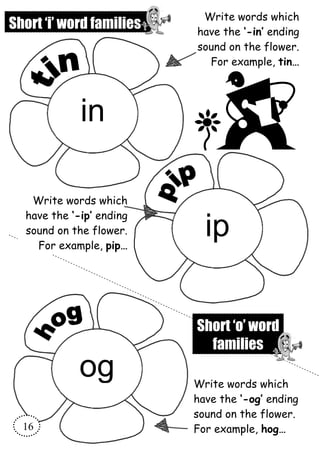Short ‘i’ word families
in
Write words which
have the ‘-in’ ending
sound on the flower.
For example, tin…
Write words which
have the ‘-ip’ ending
sound on the flower.
For example, pip…
ip
og Write words which
have the ‘-og’ ending
sound on the flower.
For example, hog…
Short ‘o’ word
families
16
 