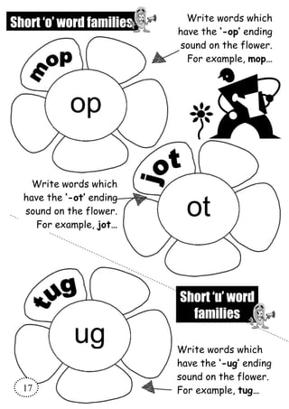Short ‘o’ word families
op
Write words which
have the ‘-op’ ending
sound on the flower.
For example, mop…
Write words which
have the ‘-ot’ ending
sound on the flower.
For example, jot…
ot
ug Write words which
have the ‘-ug’ ending
sound on the flower.
For example, tug…
Short ‘u’ word
families
17
 