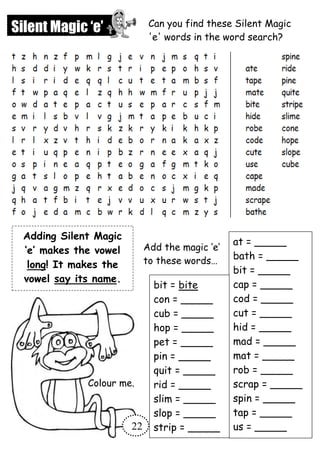 Silent Magic ‘e’ Can you find these Silent Magic
'e' words in the word search?
Adding Silent Magic
‘e’ makes the vowel
long! It makes the
vowel say its name.
at = _____
bath = _____
bit = _____
cap = _____
cod = _____
cut = _____
hid = _____
mad = _____
mat = _____
rob = _____
scrap = _____
spin = _____
tap = _____
us = _____
bit = bite
con = _____
cub = _____
hop = _____
pet = _____
pin = _____
quit = _____
rid = _____
slim = _____
slop = _____
strip = _____
Add the magic ‘e’
to these words…
Colour me.
22
 
