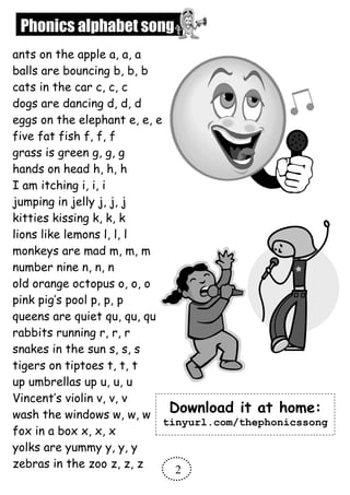 ants on the apple a, a, a
balls are bouncing b, b, b
cats in the car c, c, c
dogs are dancing d, d, d
eggs on the elephant e, e, e
five fat fish f, f, f
grass is green g, g, g
hands on head h, h, h
I am itching i, i, i
jumping in jelly j, j, j
kitties kissing k, k, k
lions like lemons l, l, l
monkeys are mad m, m, m
number nine n, n, n
old orange octopus o, o, o
pink pig’s pool p, p, p
queens are quiet qu, qu, qu
rabbits running r, r, r
snakes in the sun s, s, s
tigers on tiptoes t, t, t
up umbrellas up u, u, u
Vincent’s violin v, v, v
wash the windows w, w, w
fox in a box x, x, x
yolks are yummy y, y, y
zebras in the zoo z, z, z
Download it at home:
tinyurl.com/thephonicssong
Phonics alphabet song
2
 