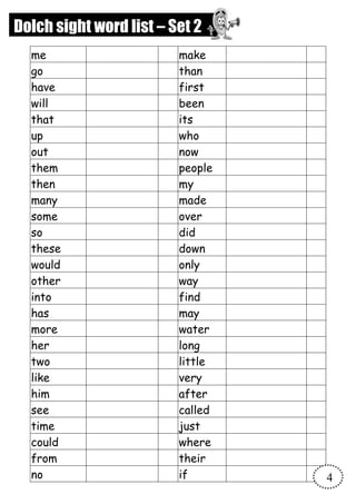 me make
go than
have first
will been
that its
up who
out now
them people
then my
many made
some over
so did
these down
would only
other way
into find
has may
more water
her long
two little
like very
him after
see called
time just
could where
from their
no if
Dolch sight word list – Set 2
4
 
