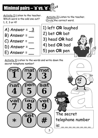 Minimal pairs – ‘a’ vs. ‘e’
A) Answer = _3
B) Answer = __
C) Answer = __
D) Answer = __
E) Answer = __
1) left OR laughed
2) bet OR bat
3) head OR had
4) bed OR bad
5) pan OR pen
Activity 1) Listen to the teacher.
Which word is the odd one out?
1, 2, 3 or 4?
Activity 2) Listen to the teacher.
Circle the correct word.
Activity 3) Listen to the words and write down the
secret telephone number!
The secret
telephone number
is: _ _ _ _ _ _ _ _
5
 