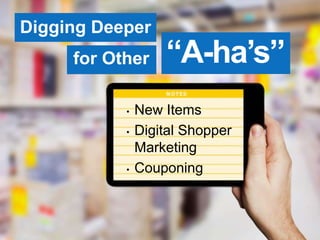 • New Items
• Digital Shopper
Marketing
• Couponing
Digging Deeper
for Other “A-ha’s”
 