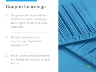1. Coupons work harder at Mass
and Grocery, while messages
have higher returns at Grocery
and Dollar
2. Despite the higher costs,
coupons earn higher-than-
average ROI’s
3. Instant offers and solution books
are the highest-returning coupon
tactics.
Coupon Learnings
 