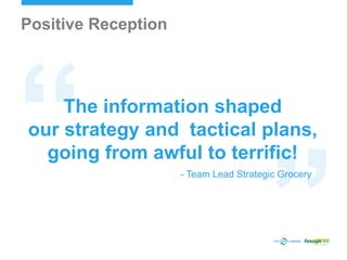 The information shaped
our strategy and tactical plans,
going from awful to terrific!
- Team Lead Strategic Grocery
Positive Reception
 