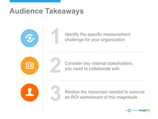 Identify the specific measurement
challenge for your organization
Audience Takeaways
Consider key internal stakeholders
you need to collaborate with
Realize the resources needed to execute
an ROI workstream of this magnitude
1
2
3
 