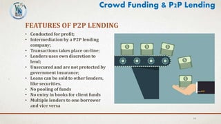 14
FEATURES OF P2P LENDING
• Conducted for profit;
• Intermediation by a P2P lending
company;
• Transactions takes place on-line;
• Lenders uses own discretion to
lend;
• Unsecured and are not protected by
government insurance;
• Loans can be sold to other lenders,
like securities.
• No pooling of funds
• No entry in books for client funds
• Multiple lenders to one borrower
and vice versa
Crowd Funding & P2P Lending
 