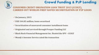 32
CONSUMER CREDIT ORGINATION LOAN TRUST 2015 (CCOLT),
CARRIED OUT WORLDS FIRST RATED SECURITISATION OF P2P LOANS
Crowd Funding & P2P Lending
On January, 2015
USD 344.85 million, loans securitsed
Securitisation of unsecured consumer installment loans
Originated and serviced through Prosper Funding LLC
Black Rock Financial Management Inc. floated the SPV – CCOLT
Moody’s Investor Service rated the transaction
 