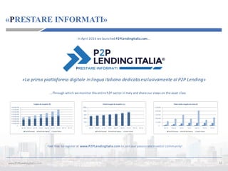 «PRESTARE INFORMATI»
15www.P2PLendingItalia.com
In	April	2016	we	launched	P2PLendingItalia.com...
...Through	which	we	monitor	the	entire	P2P	sector	in	Italy	and	share	our	views	on	the	asset	class
Feel	free	to	register	at	www.P2PLendingItalia.com to	join	our	passionate	investor	community!		
«La	prima	piattaforma	digitale	in	lingua	italiana	dedicata	esclusivamente	al	P2P	Lending»
 